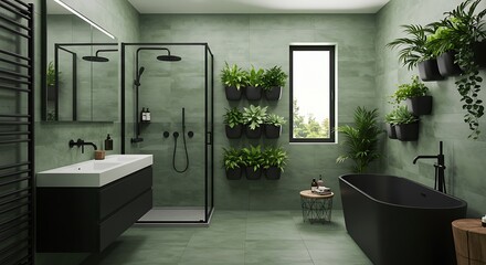 Green Bathroom Oasis: A tranquil and stylish bathroom design featuring a modern black bathtub, sleek black fixtures, and a vibrant vertical garden wall, creating a serene spa-like atmosphere.