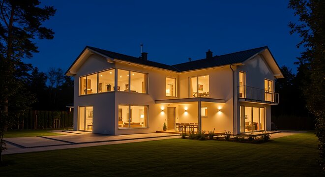 Illuminated Residence at Dusk: A contemporary, two-story house radiates warmth against the twilight, with inviting interiors visible through expansive windows.