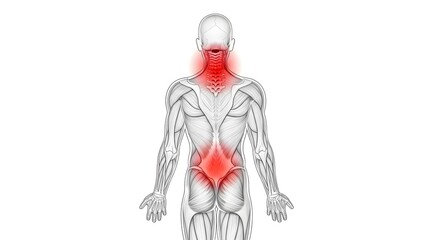 Anatomy diagram highlighting pain in the neck and lower back.