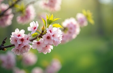 Obraz premium Close-up cherry blossoms in spring bloom. Pink flowers on tree branch with green leaves. Soft light, blurred green background. Nature, garden, floral design.