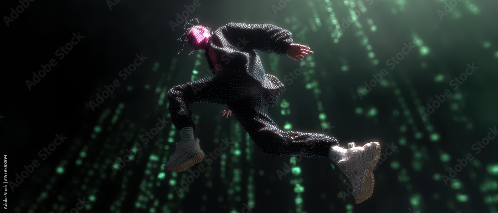 Poster futuristic digital world with matrix style data streams and dynamic character