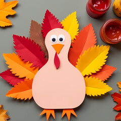 A child-friendly Thanksgiving classroom craft table with paper turkeys, leaves, and paint