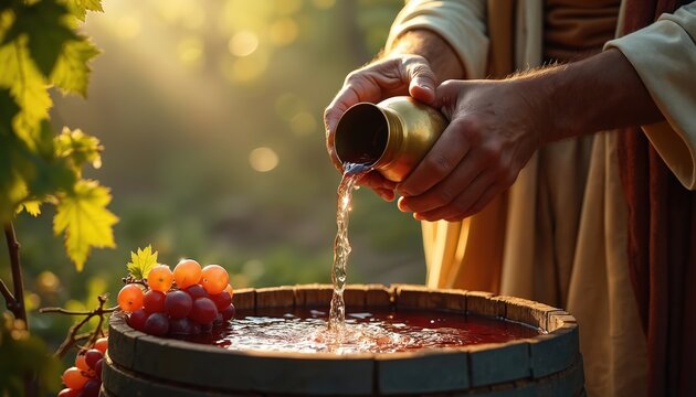 Jesus Christ performs miracle changing water into wine by pouring liquid from brass vessel into wooden barrel. Grapes visible. Biblical scene, Cana wedding miracle, religious event, spiritual