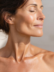 Studio portrait of mature woman with soft makeup and glowing skin, skincare editorial aesthetic photography for social media faceless digital content marketing