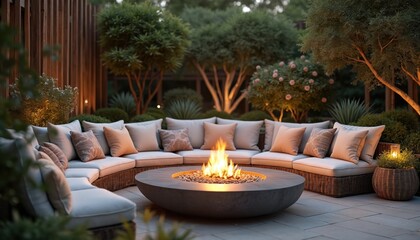 Cozy outdoor patio with circular stone fire pit. Wooden benches surround garden patio area with plants, potted plants. Gray roof provides shade, shelter from elements. Trees, shrubs on left side