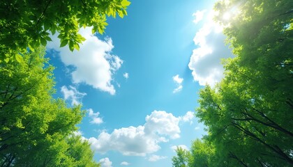 Obraz premium Clear blue sky with fluffy white clouds. Bright sun shines from top left. Perspective from below looks up at sky and clouds. Natural elements only, no text or objects.