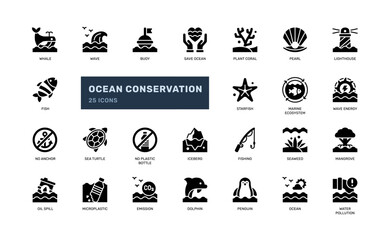 Solid glyph ocean conservation icons for marine safety and ecology © andinur