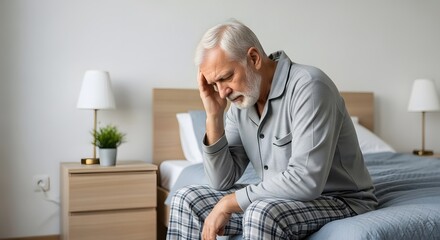 Fototapeta premium Senior man in pajamas sitting on a bed, looking worried and holding his head in his hand.