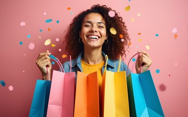 Joyful happy Woman Shopping. Shopping bags and confetti on a studio background. Concept of Shopping, Retail, Sale, Black Friday or Cyber Monday. High quality