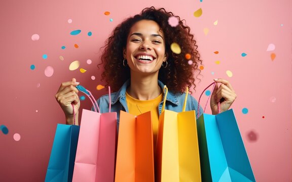 Joyful happy Woman Shopping. Shopping bags and confetti on a studio background. Concept of Shopping, Retail, Sale, Black Friday or Cyber Monday. High quality