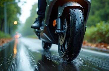 Motorcycle tire splashes through water on wet road, suggesting motion, speed. Close-up shot captures intense grip of rubber against asphalt, performance of vehicle during wet weather conditions.