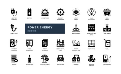 Glyph icon set of power energy generation and fuel sources