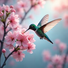 Vibrant hummingbird hovers mid-flight, wings outstretched, sipping nectar from soft pink blossoms. Pastel hues dominate scene, creating dreamy, ethereal garden atmosphere. Focus on delicate avian