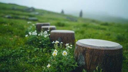 Wooden stumps in a meadow