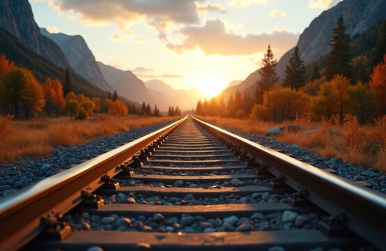 Railroad tracks lead toward a mountain pass horizon during golden hour. Autumn trees flank the path, creating a scenic journey. The linear perspective of the railway suggests travel and destination.