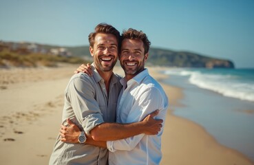 Happy gay couple hugs on beach vacation. Smiling men enjoy summer day by the sea. Togetherness, love, and affection highlight their lifestyle on the vibrant coastline.