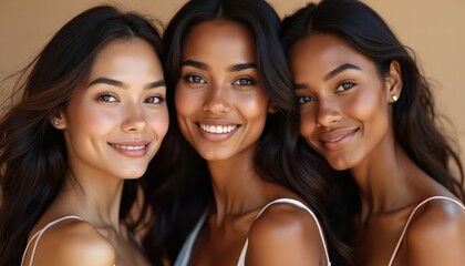 Three young women showcase diversity and friendship, smiling warmly with dimples. Their radiant smiles and natural beauty highlight togetherness and modern sisterhood in a stylish portrait.