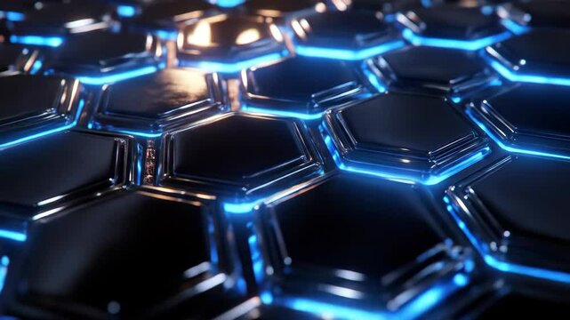 Close-up view of a dark, metallic honeycomb structure, highlighted with bright blue neon lines