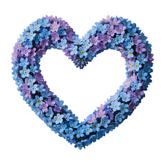 A stunning design in a heart shape made entirely of vibrant flowers in shades of blue and purple