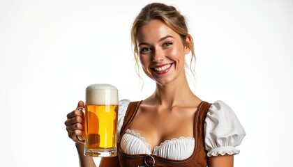 Young woman in traditional German dress smiles holding a beer mug. Oktoberfest celebration beverage. Bavarian girl with folk costume at festival event. White background copy space.