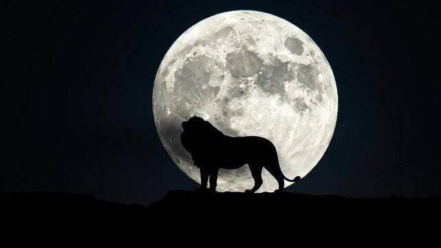 Majestic lion silhouette at night under crescent moon nature photography
