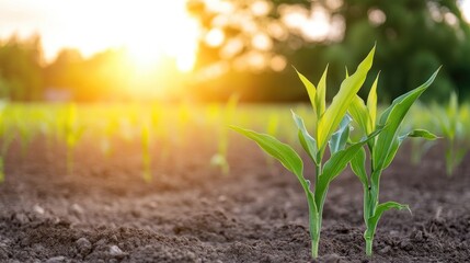 Young corn plants in field at sunrise
