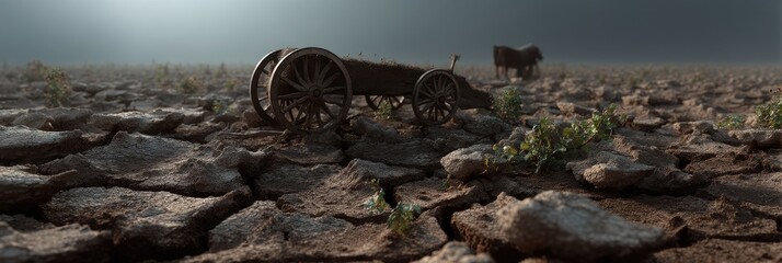 Drought stricken farmland with cracked earth patterns and abandoned wagon