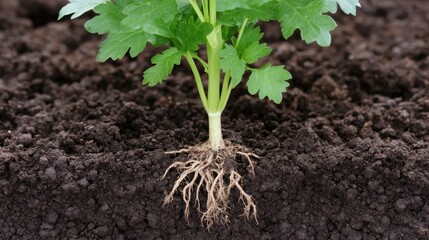 Young plant roots in soil