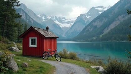 Red cabin beside turquoise lake in scenic mountains. Bicycle rests on gravel path near forest and green grass. Snow capped peaks in background, serene landscape, peaceful nature, summer vacation.