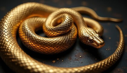 Fototapeta premium Detailed view of shiny, metallic golden snake coiled on dark surface. Realistic, three-dimensional sculpture with abstract pattern, conveying luxury, elegance, beauty. Striking, high-quality art