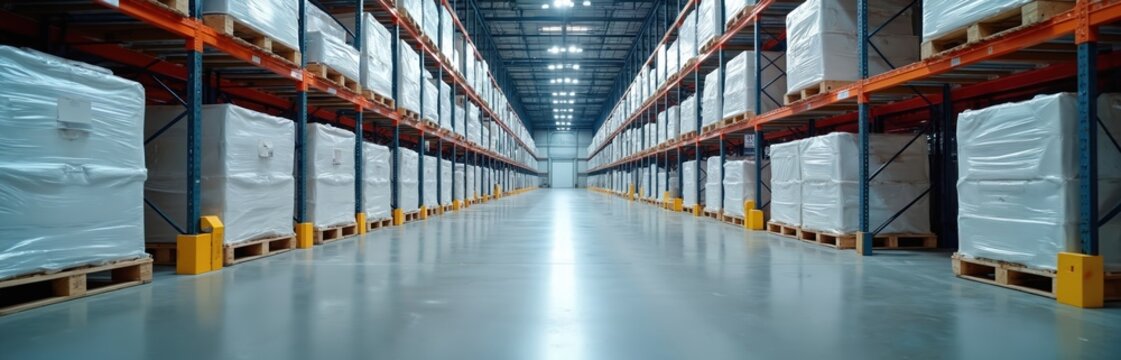 Large concrete warehouse floor with rows of white storage bins arranged in parallel fashion. Vast space with multiple aisles for storage bins, extending in every direction. Brightness added by