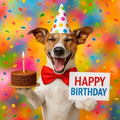  A cheerful Jack Russell Terrier wearing a party hat celebrates a birthday with festive decorations. Perfect for greeting cards, social media, and banners.