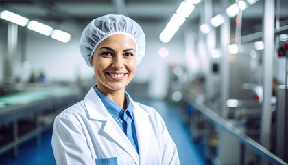 Woman in lab coat, smiling