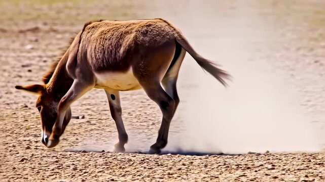 A solitary onager, a wild donkey, in a desert, kicking up dust