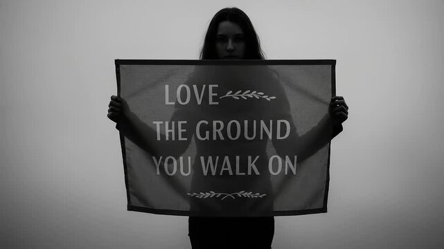 Woman holding Love the Ground sign.