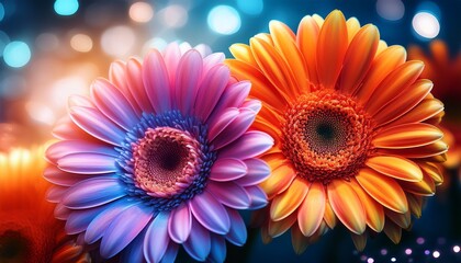 two colorful gerbera daisies shine brightly with bokeh and light trails the flowers glow