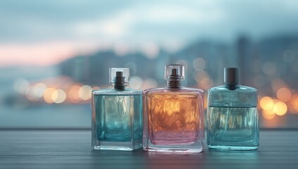 Three perfume bottles on a table, city view