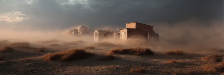 Dust storm sweeping through abandoned desert townscape