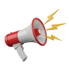 Red and White Megaphone with Yellow Lightning Bolts on White Background loudspeaker