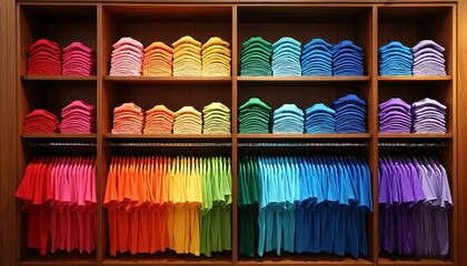 Rainbow TShirt Display in Clothing Store