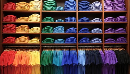 Colorful T-Shirts Perfectly Arranged on Wooden Shelves