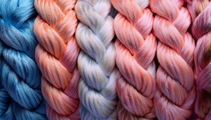 a close up of a colorful twisted rope with pink peach and blue strands