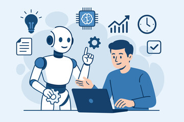 AI robot helps man with laptop. Artificial intelligence for productivity and innovation. Technology for work efficiency, automation. Robotic assistance, smart expert concept.