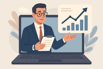 Online business consultant giving virtual presentation from laptop. Financial advisor with growth chart for strategy and analysis. Expertise and conference call concept.