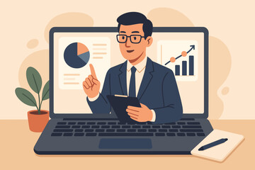Business consultant giving online presentation. Financial advisor on conference call. Expert teaching webinar with data analysis, charts, graphs. Corporate strategy coaching.
