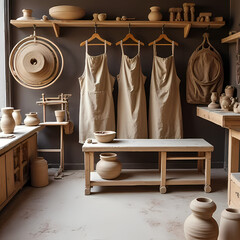 A pottery studio scene with spinning wheels, clay tools, aprons, and unfinished clay pots
