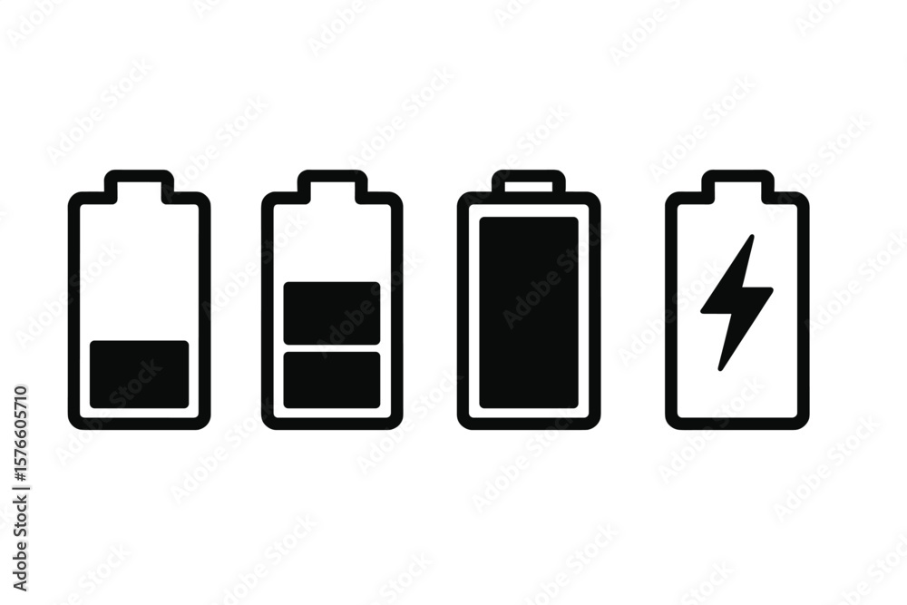 Poster battery charge level indicator icon set. low, medium, full power status symbols. mobile phone ui ele