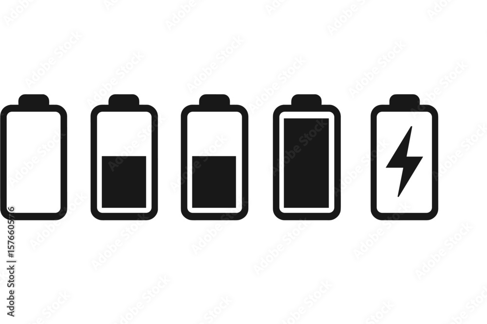 Poster battery charge level indicator icon set. mobile app ui element. power status bar symbol collection w