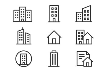 Modern Building and Real Estate Icon Set. Simple Line Style Office, Apartment, Skyscraper, House, Property, Urban Architecture. Transparent PNG Vector Illustration for Business Use