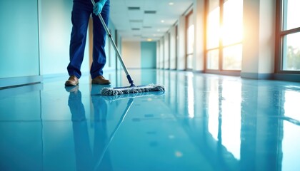 Janitor in uniform mopping bright hallway floor reflecting sunlight. Professional cleaner with bucket and mop ensuring hygiene and cleanliness in office or business space.